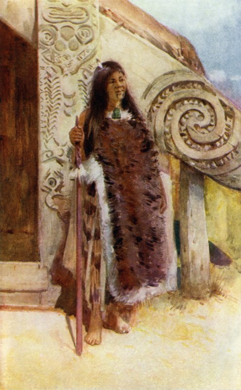 Nuova Zelanda: Una capo tribù Maori (litografia a colori) da English School