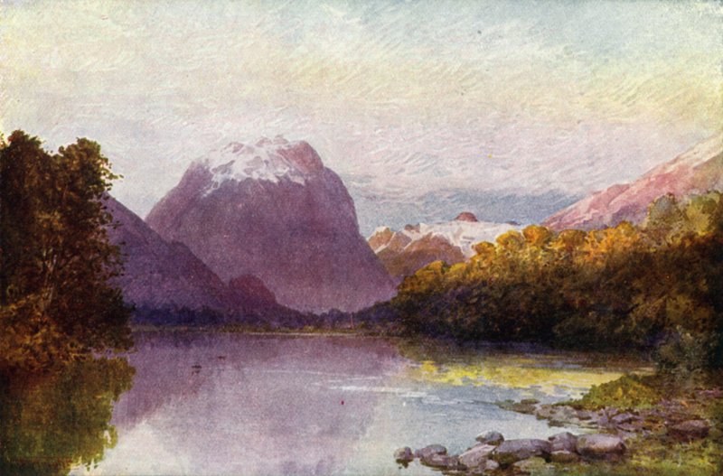 Nuova Zelanda: Alla testa del lago Te Anau (litografia a colori) da English School
