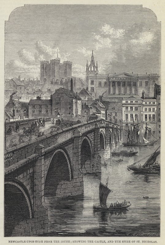 Newcastle-upon-Tyne dal sud, mostrando il castello e la guglia di St Nicholas da English School
