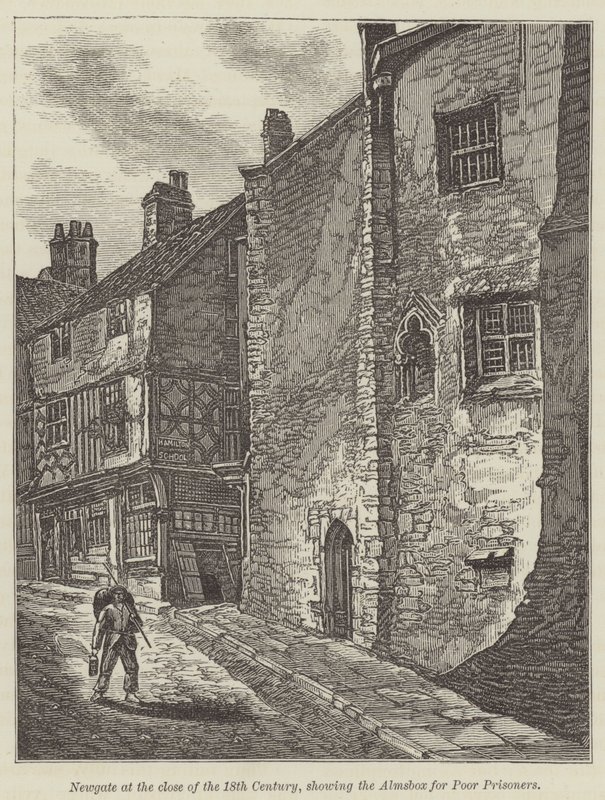 Newgate alla fine del XVIII secolo, con la cassetta delle elemosine per i poveri prigionieri (incisione) da English School