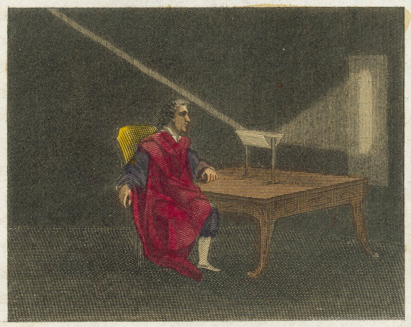 Newton scopre la natura della luce (incisione colorata) da English School