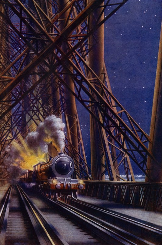 Treno notturno che attraversa il Forth Bridge, Scozia da English School