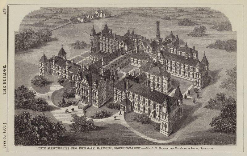 Nuovo Ospedale del North Staffordshire, Hartshill, Stoke-upon-Trent, Architetti Mr G B Nichols e Mr Charles Lynam da English School