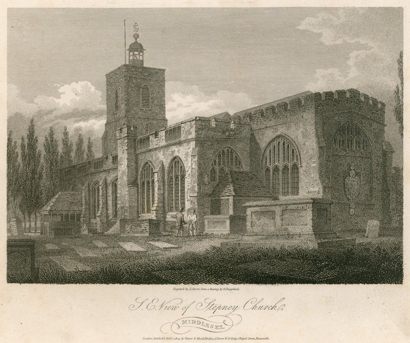 Vista nord-est della Chiesa di Stepney, Londra da English School