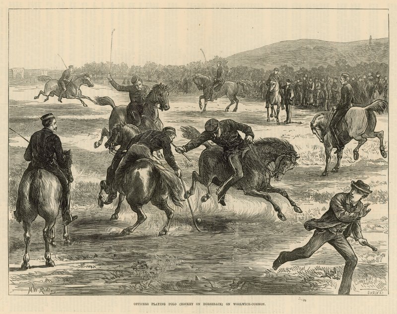 Ufficiali che giocano a polo (hockey a cavallo) su Woolwich Common da English School