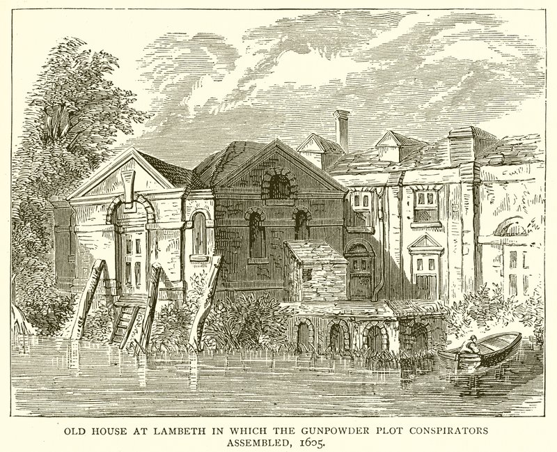 Vecchia casa a Lambeth in cui si riunirono i cospiratori della Congiura delle Polveri, 1605 da English School