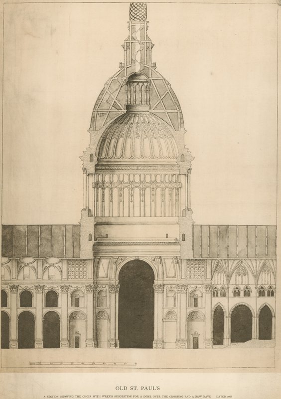 Vecchia Cattedrale di San Paolo; una sezione che mostra il Coro con il suggerimento di Sir Christopher Wren per una cupola da English School