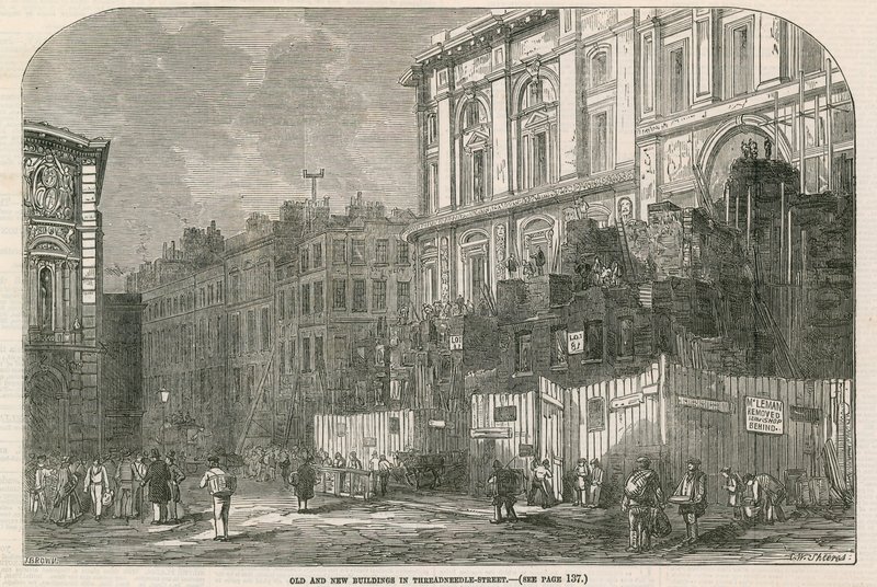 Edifici vecchi e nuovi in Threadneedle Street, Londra da English School