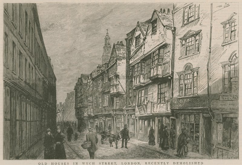 Vecchie case in Wych Street, Londra, recentemente demolite da English School