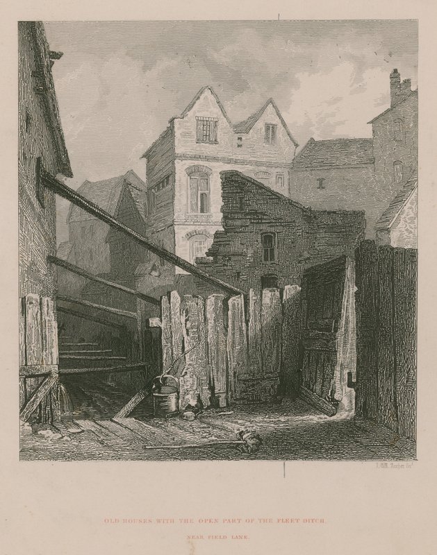 Vecchie case con la parte aperta del canale Fleet vicino a Field Lane da English School