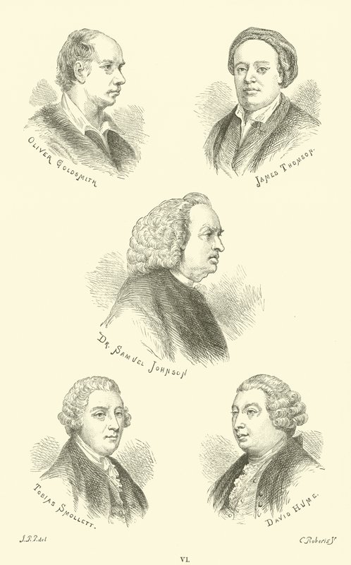 Oliver Goldsmith, James Thomson, Dr. Samuel Johnson, Tobias Smollett, David Hume da English School