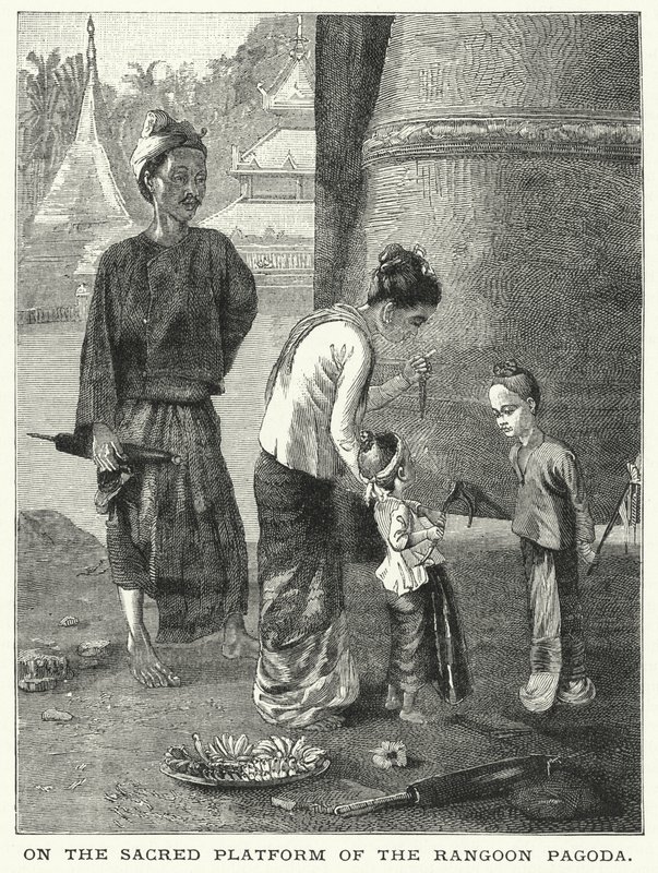 Sulla piattaforma sacra della Pagoda di Rangoon (incisione) da English School