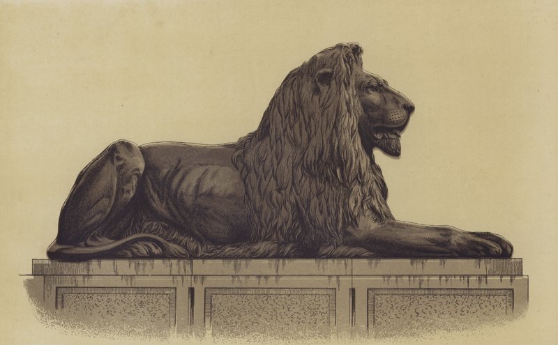 Una delle statue di leone di Trafalgar Square, Londra da English School