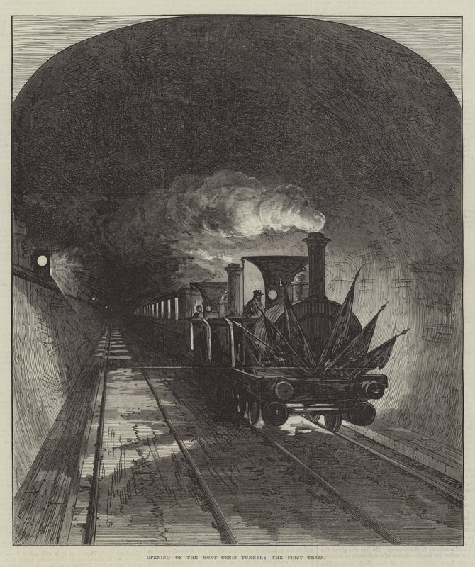 Apertura del tunnel del Moncenisio, il primo treno (incisione) da English School