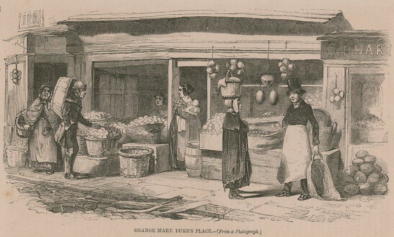 Mercato delle arance a Dukes Place, Londra da English School