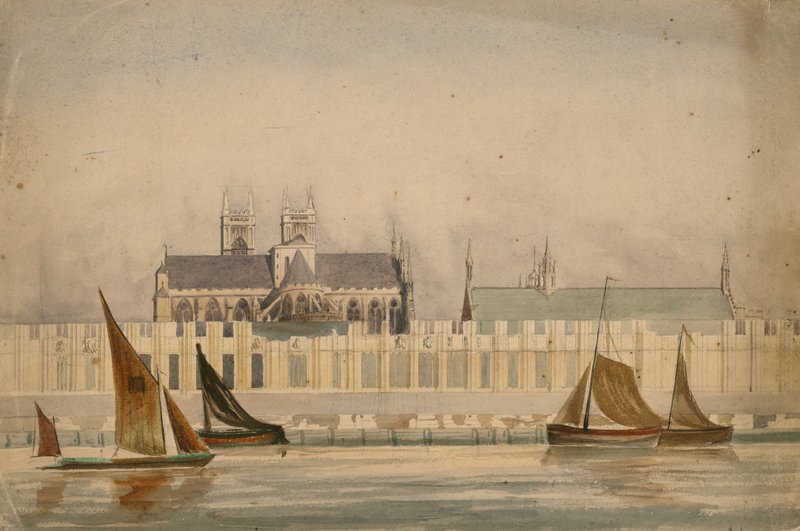 Disegno originale ad acquerello delle Case del Parlamento in costruzione intorno al 1842 da English School