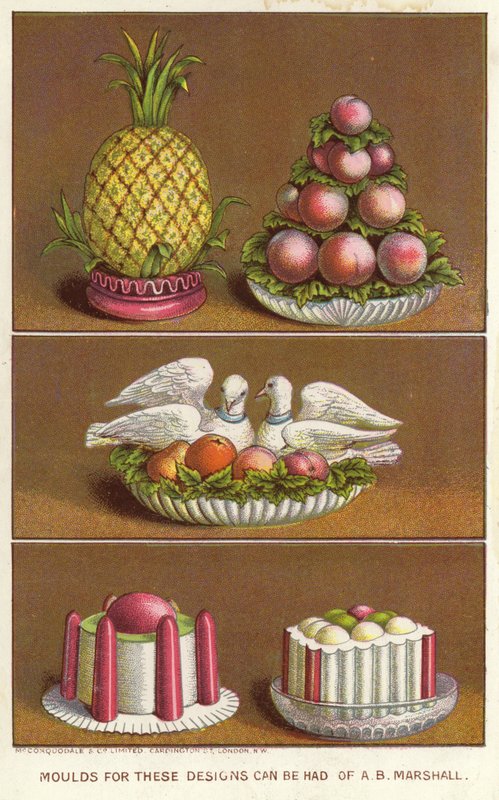Stampi ornamentali per creare cibi ghiacciati a forma di ananas, pesche e due colombe da English School