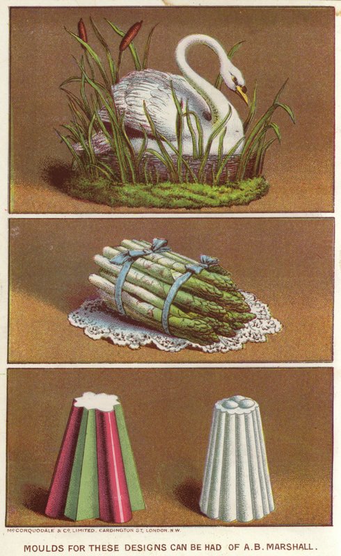Stampi ornamentali per creare cibi ghiacciati a forma di cigno e un mazzo di asparagi da English School