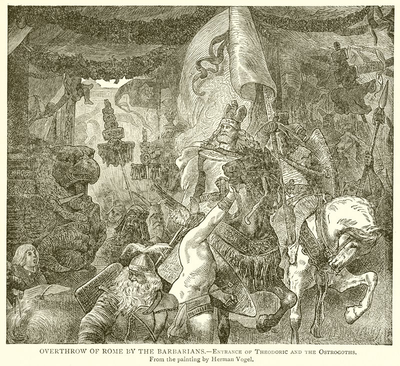 Rovesciamento di Roma da parte dei barbari. Ingresso di Teodorico e degli ostrogoti da English School