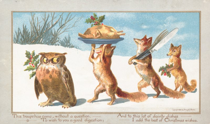 Gufo e volpi che portano il banchetto di Natale da English School