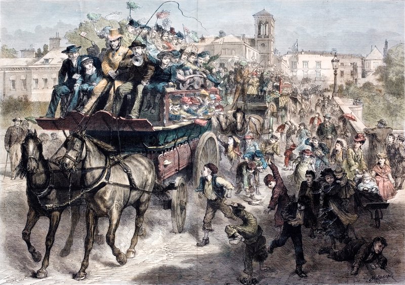 Carrozze piene che portano i londinesi per una giornata in campagna in epoca vittoriana (incisione colorata) da English School