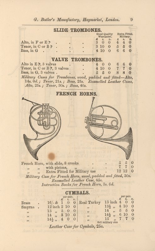 Pagina dal Catalogo Illustrato di Strumenti Musicali di G Butler (incisione) da English School