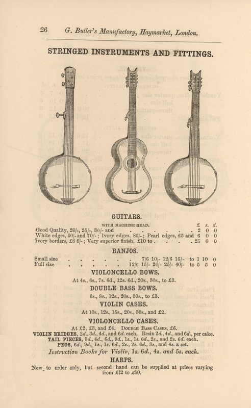 Pagina dal Catalogo Illustrato di Strumenti Musicali di G Butler (incisione) da English School
