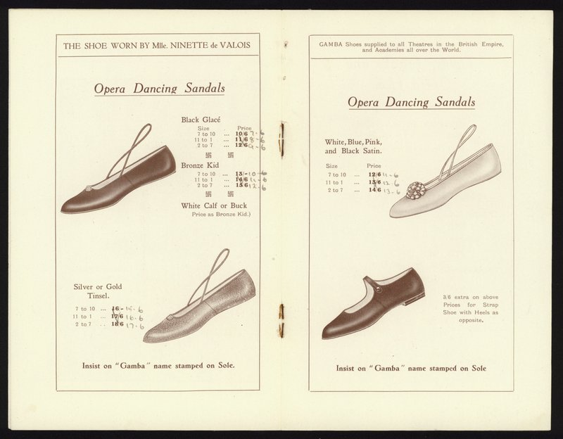 Pagine dal catalogo delle famose scarpe da balletto di Gamba di Milano (litografia) da English School