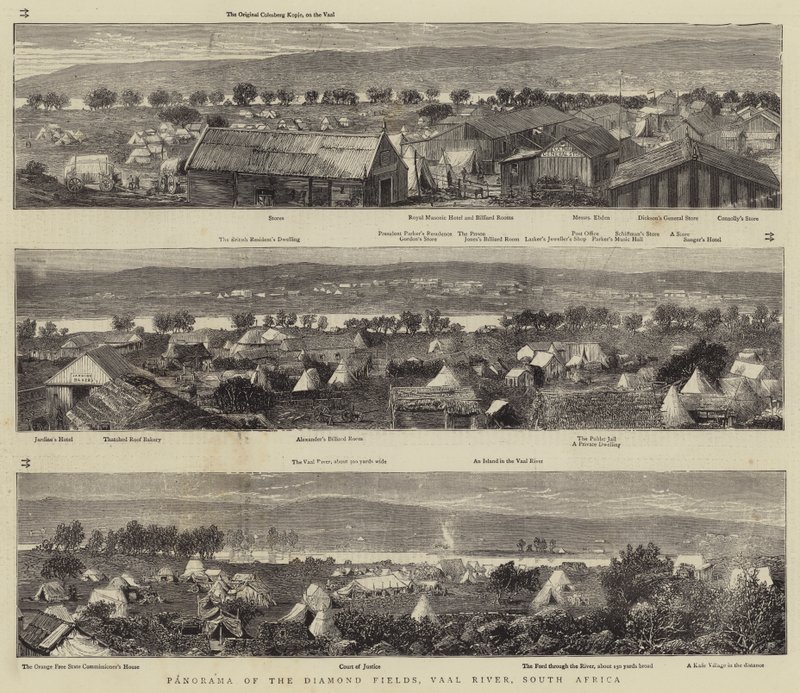 Panorama dei Campi di Diamanti, Fiume Vaal, Sudafrica (incisione) da English School