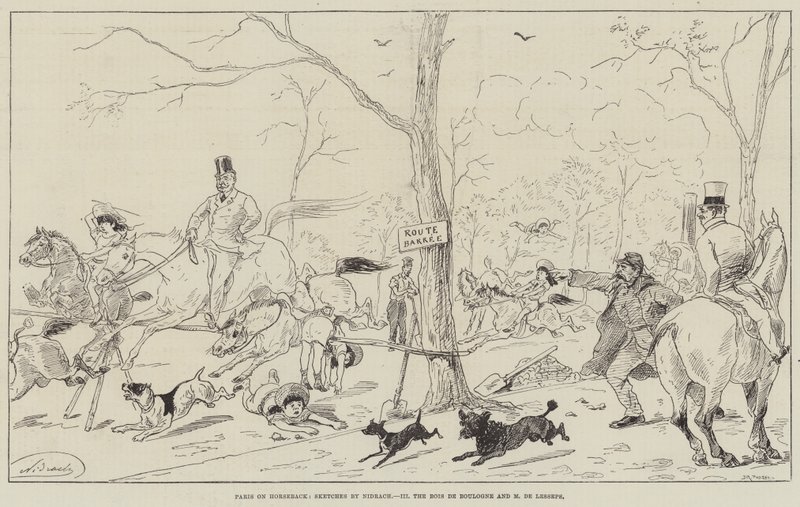 Parigi a cavallo, il Bois de Boulogne e M de Lesseps (incisione) da English School