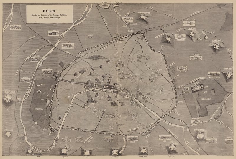 Parigi, mostrando le Posizioni dei Principali Edifici, Forti, Villaggi e Ferrovie (incisione) da English School
