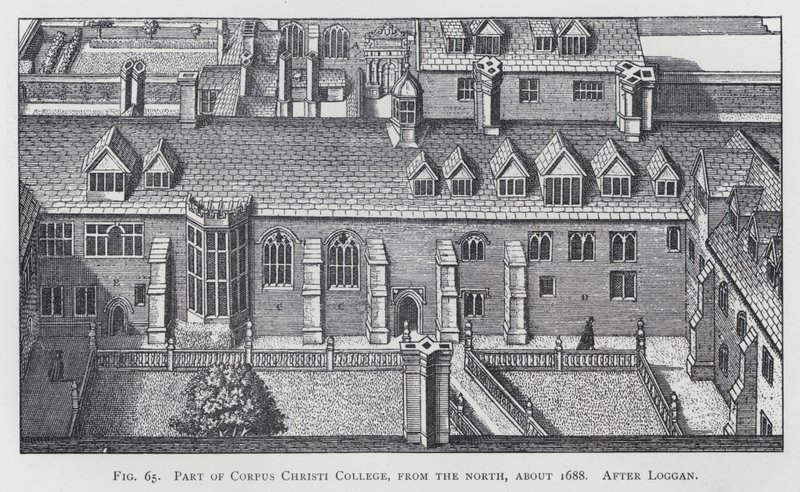 Parte del Corpus Christi College, da nord, circa 1688, dopo Loggan (incisione) da English School