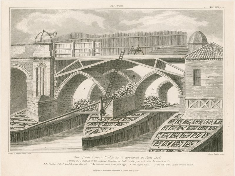 Parte del vecchio London Bridge come appariva nel giugno 1826 da English School