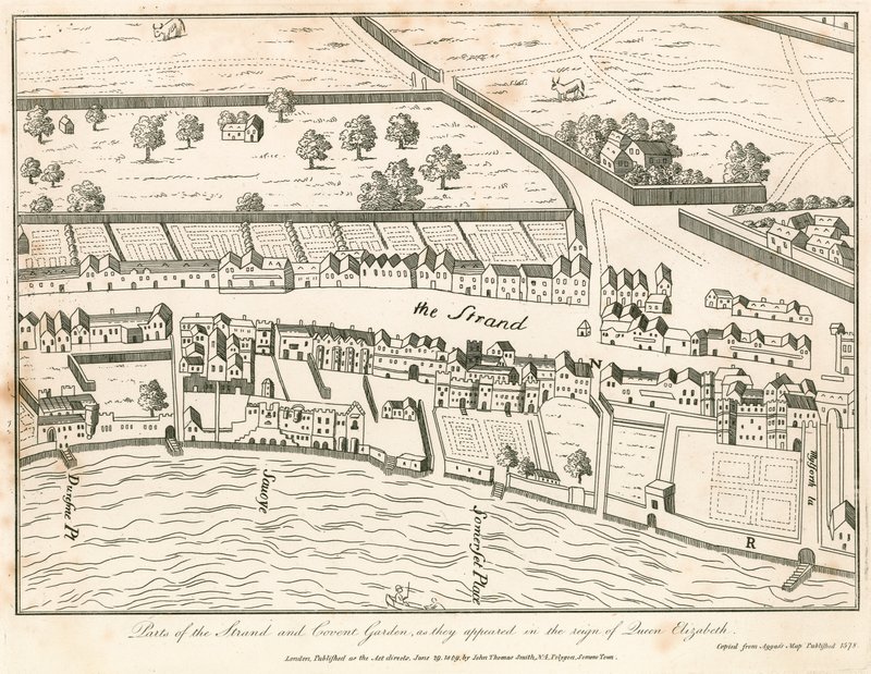 Parte di The Strand e Covent Garden, Londra, come apparivano durante il regno della regina Elisabetta da English School