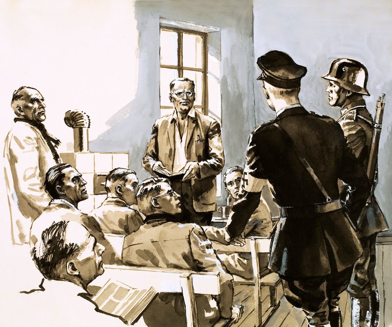 Il pastore Dietrich Bonhoeffer parla contro il partito nazista di Hitler (gouache su carta) da English School