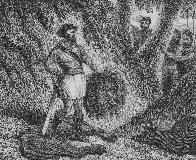 Pipino il Breve, Re dei Franchi, dimostra che la sua statura non è un impedimento alla sua capacità di governare uccidendo un leone da English School