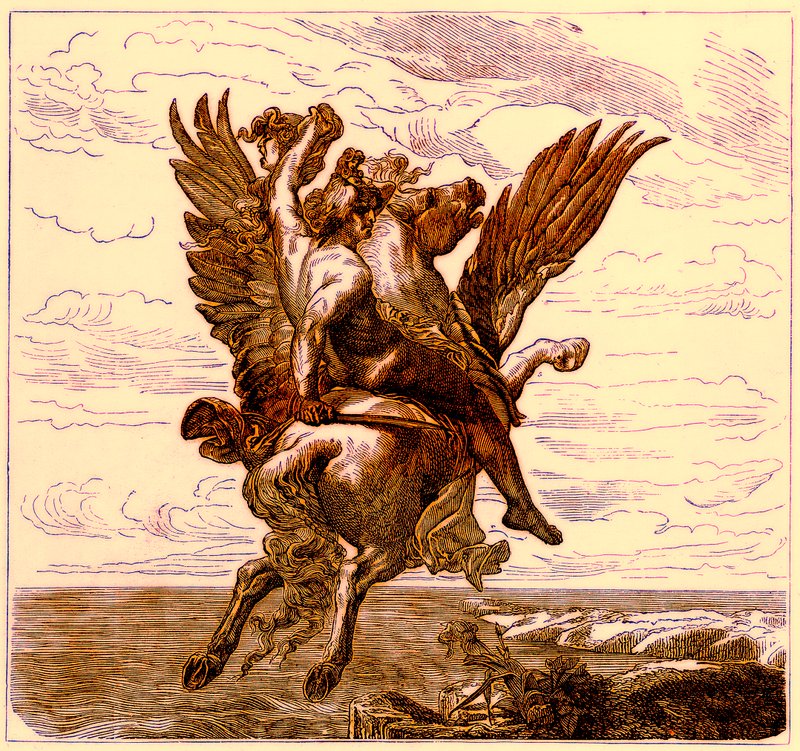 Perseo sul cavallo alato Pegaso, con la testa di Medusa, illustrazione da La Storia Illustrata del Mondo, pubblicata c.1880 da English School