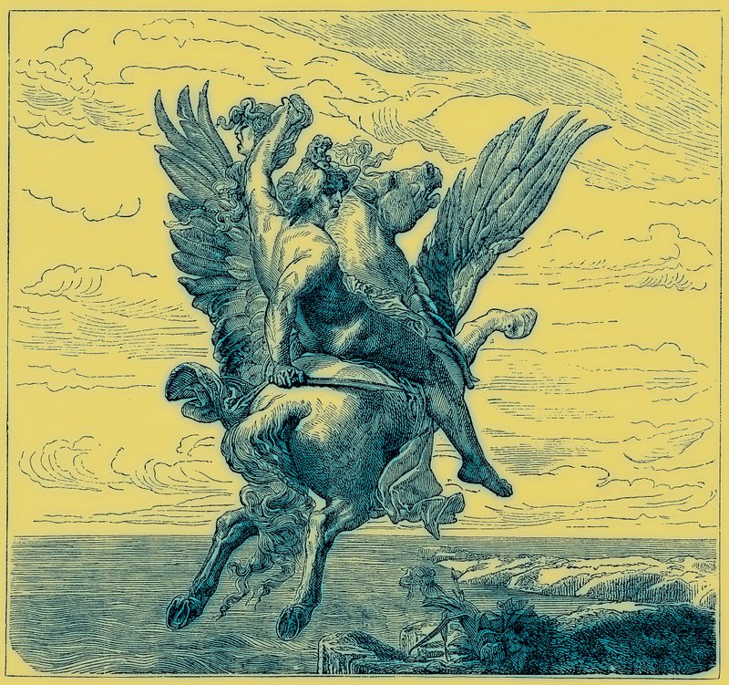 Perseo sul cavallo alato Pegaso, con la testa di Medusa, illustrazione da 