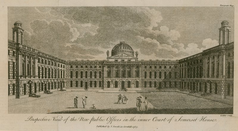 Vista prospettica dei nuovi uffici pubblici nel cortile interno di Somerset House da English School