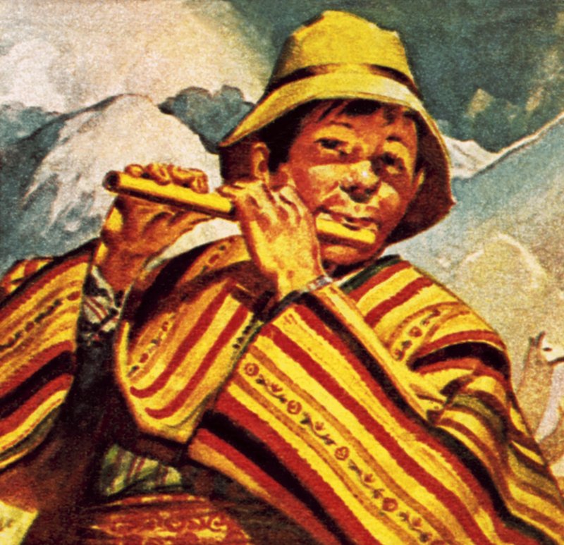 Uomo peruviano che suona il flauto da English School