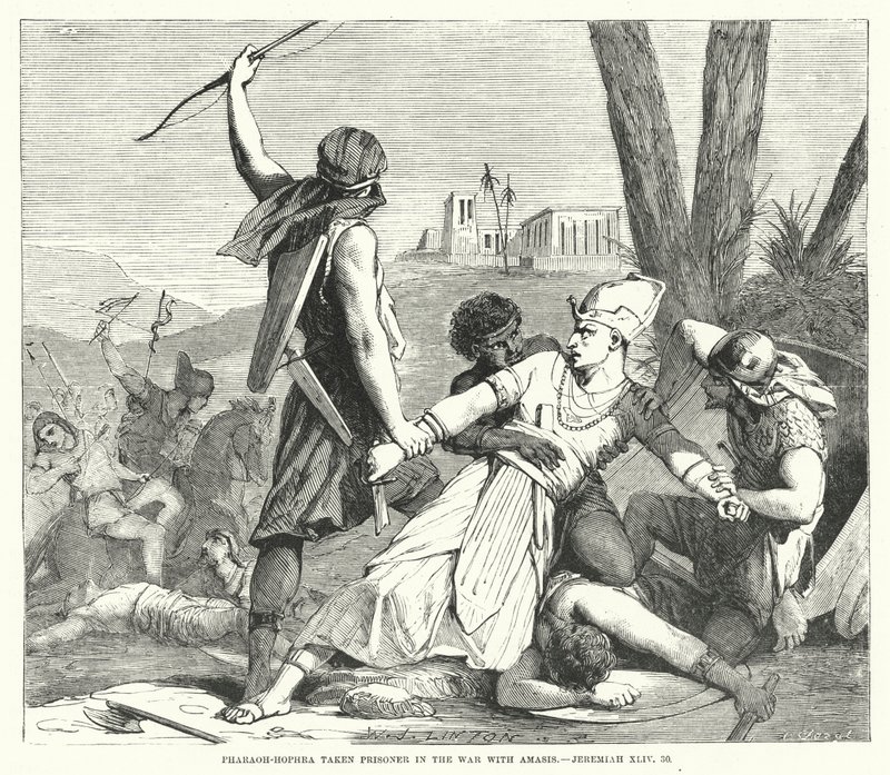 Faraone-Hofra preso prigioniero nella guerra con Amasis, Geremia XLIV, 30 (incisione) da English School