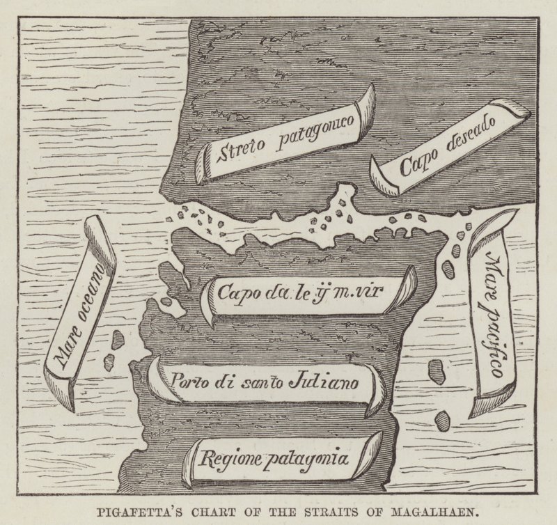 Carta di Pigafetta dello Stretto di Magellano (incisione) da English School
