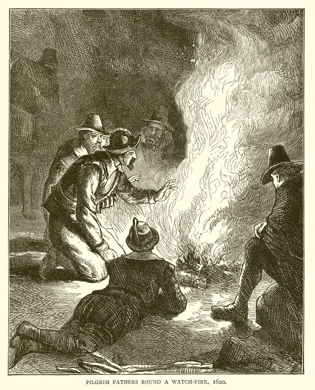 Padri Pellegrini attorno a un fuoco di guardia, 1620 da English School