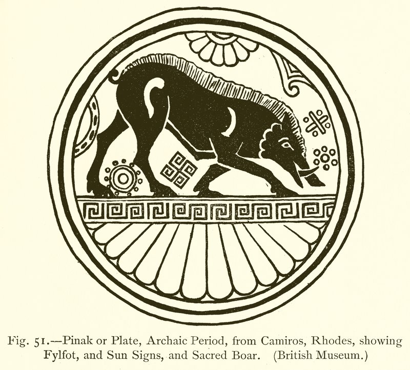 Pinak o piatto, periodo arcaico, da Camiros, Rodi, con fylfot, segni del sole e cinghiale sacro da English School