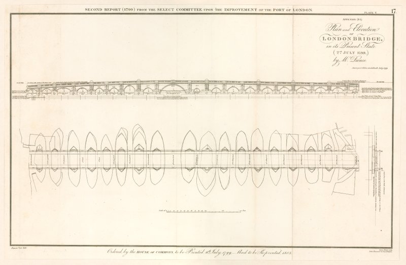 Piano ed elevazione del London Bridge al 2 luglio 1799 da English School