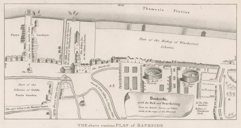 Piano di Bankside sul fiume Tamigi basato su un antico rilievo fatto durante il regno della regina Elisabetta, che mostra il Bull e Bear Baiting da English School