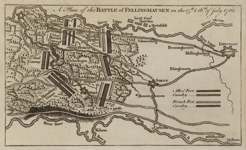 Piano della Battaglia di Villinghausen, Germania, Guerra dei Sette Anni, 15-16 luglio 1761 da English School