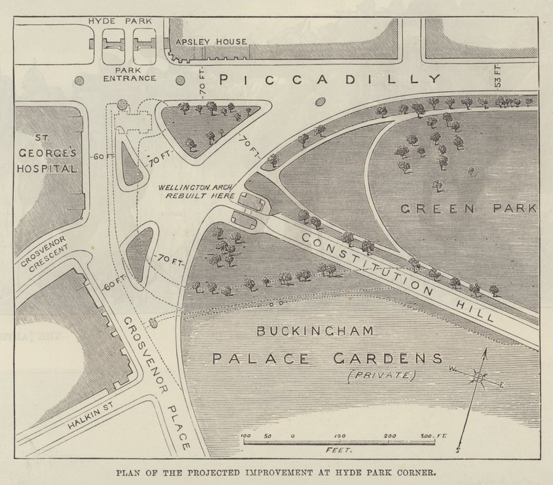 Piano del miglioramento previsto a Hyde Park Corner (incisione) da English School