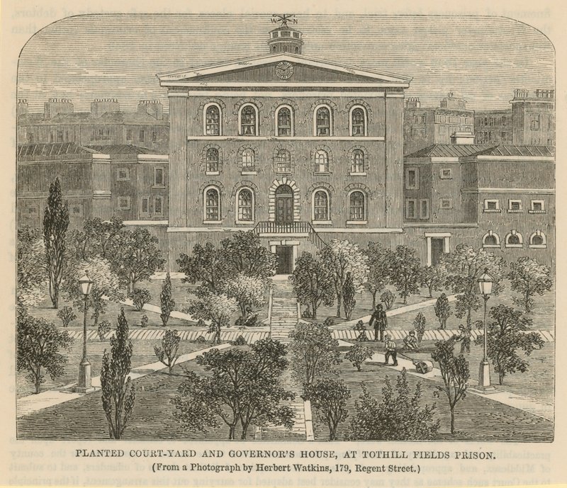 Cortile piantato e Casa del Governatore alla prigione di Tothill Fields da English School