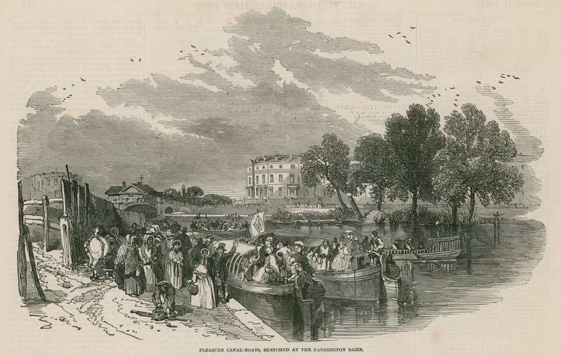Barche da diporto sul canale, disegnate al Paddington Basin, Regents Canal, Londra da English School